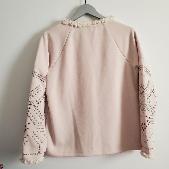 Studded Sleeve Fringe Crew Neck Sweatshirt - Picture 2 of 6